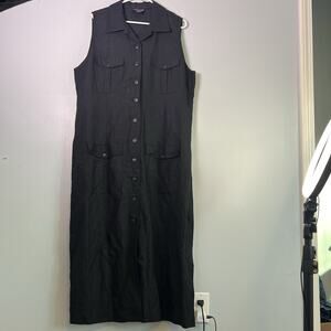 Vintage Sleeveless Button Down Trench Dress Maxi Linen Black Sz 18 Pocket Gothic